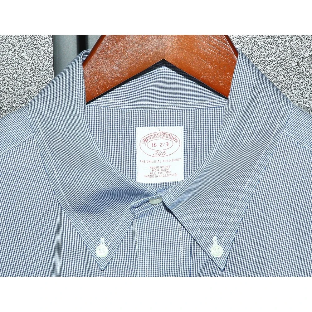 Brooks Brothers 346 Mens Shirt 16 2/3 Blue Check, Button Down, Non-Iron, Regular